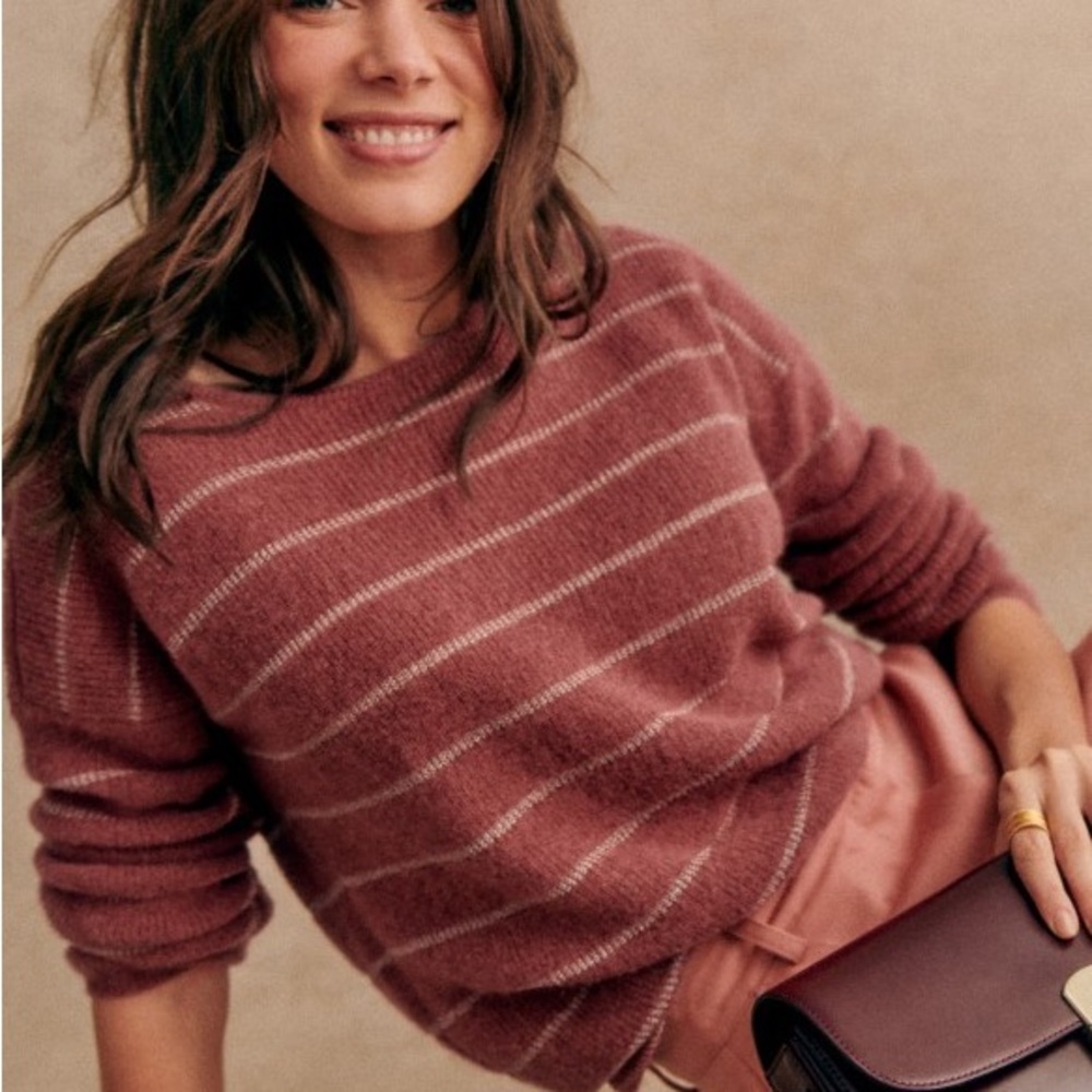 Sezane Dusty Rose Striped Crewneck Sweater